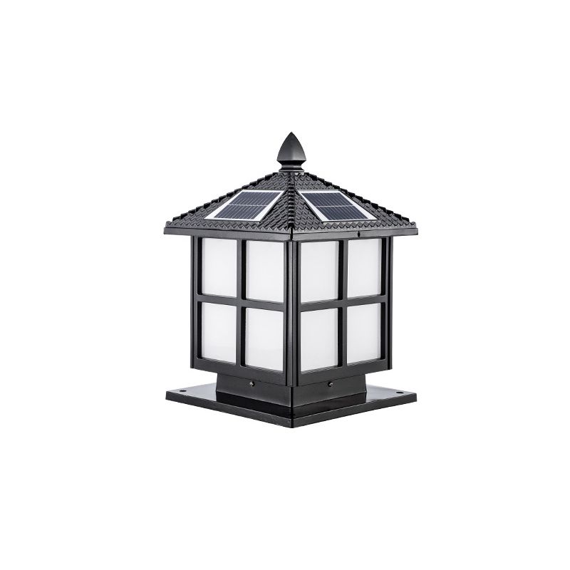 House Shaped Aluminum Post Lighting Vintage Single-Bulb Courtyard Landscape Lamp with Frosted Acrylic Shade