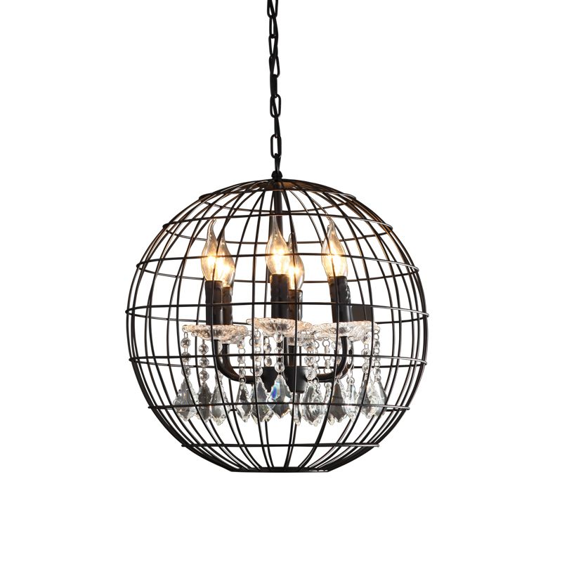 Spherical Wire Cage Iron Pendant Chandelier Rustic Restaurant Suspension Light in Black with Crystal Drops