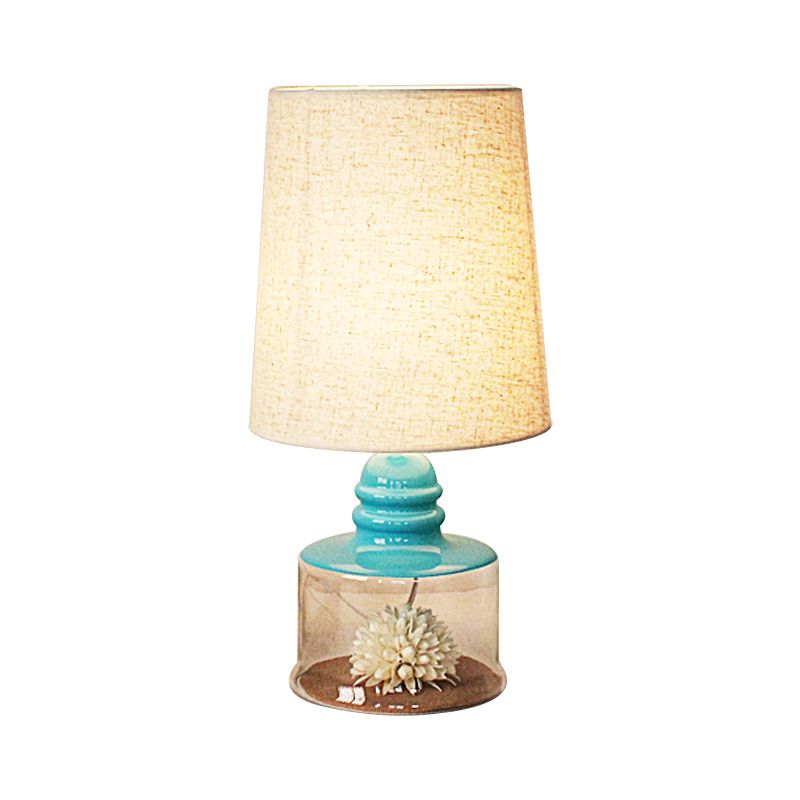 Pastoral Bucket Table Lamp 1-Bulb Fabric Night Light in Clear/Blue/Black with Dried Flower and Glass Base