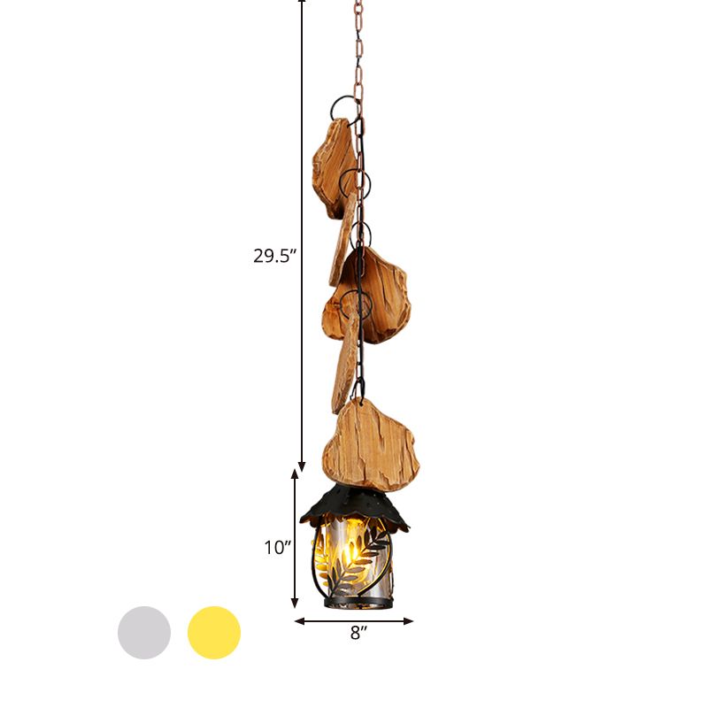 Salle à manger kérosène Prendante Lampe tissu blanc / verre transparent en bois noir en bois noir vers le bas avec motif de feuille