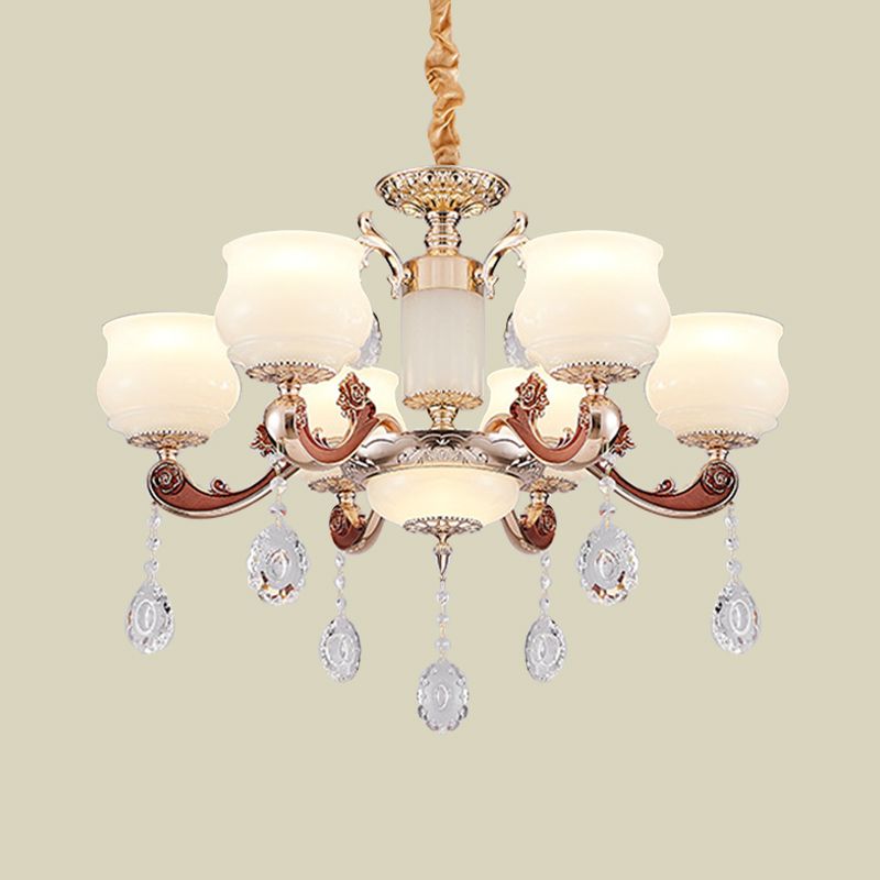 Simplicity Bud Pendant Lighting 6 Bulbs Milk Glass Crystal Chandelier Light Fixture in Champagne