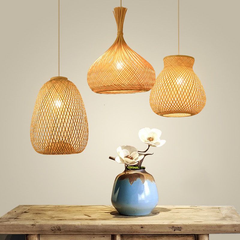 Wood Hand-Braided Pendant Lamp Chinese Style 1 Head Bamboo Ceiling Hanging Lantern