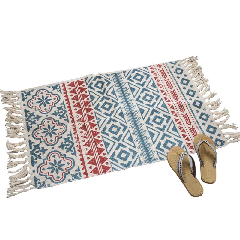 Blue Bohemian Area Rug Cotton Americana Pattern Carpet Fringe Indoor Rug for Bedroom