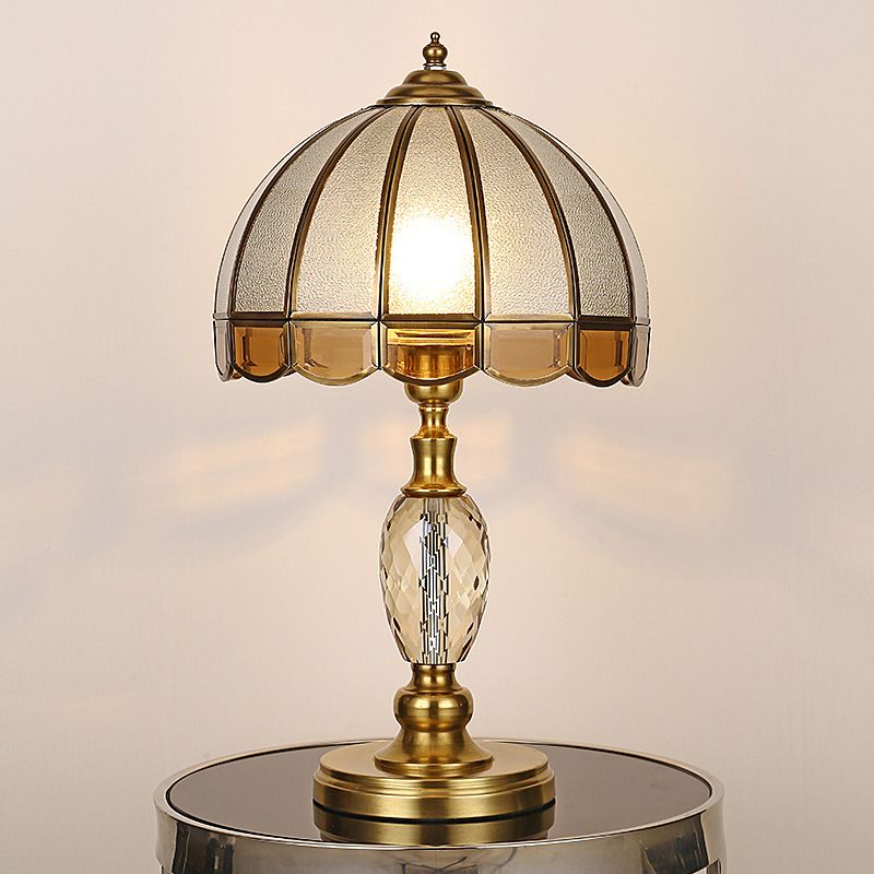 1 Bulb Night Lighting Colonial Scalloped Opal Glass Nightstand Lamp in Gold with Clear Crystal Drop