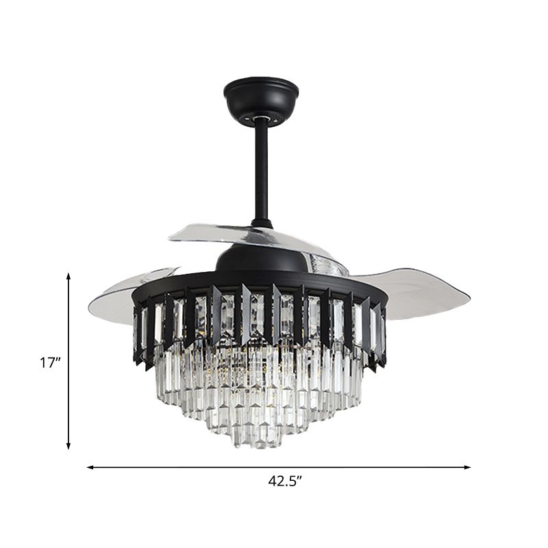 Layered Crystal Black/Gold Ceiling Fan Tapered Drum 3-Blade Postmodern LED Semi Flush Light, 42.5" Width