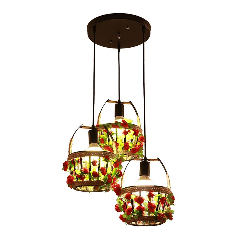 Flower Basket Restaurant Cluster Pendant Metal 3 Heads Black Suspension Lighting with Round/Linear Canopy