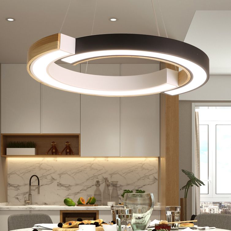 Ring Shape Pendant Lamp LED Simple Hanging Light for Living Room with Rubber Wood