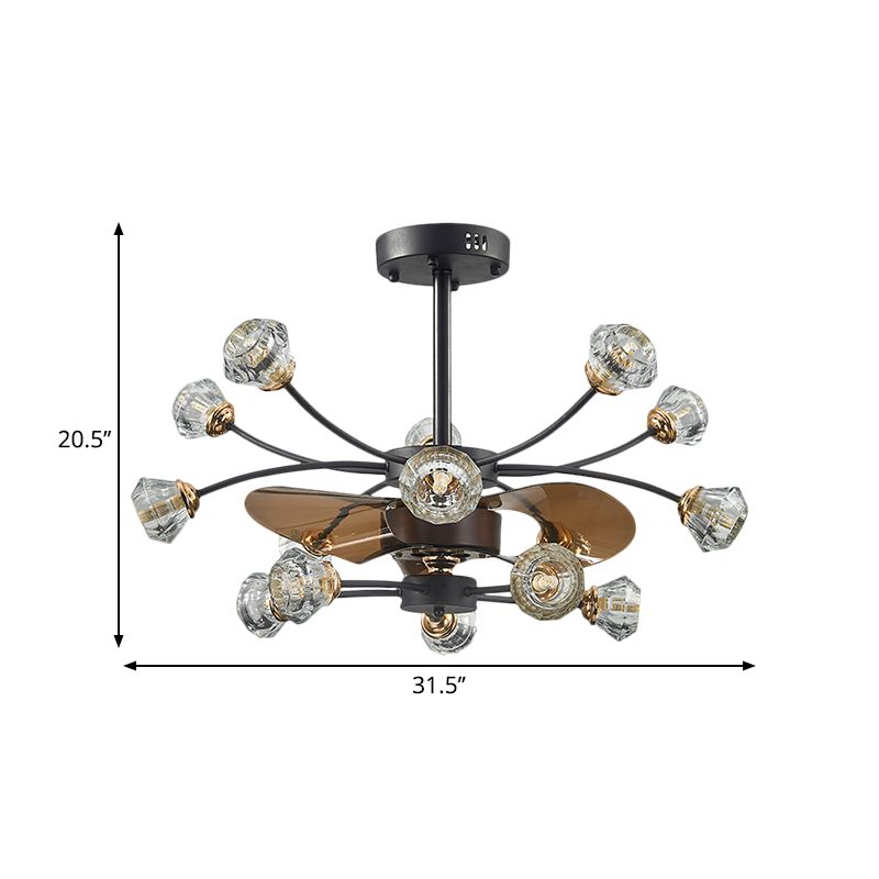 Zwart 14 lampen Semi Flush Light Traditional Crystal Diamond Shady Scrolls 3 Blades Hangdoekventilatorlamp, 31,5 "Breedte