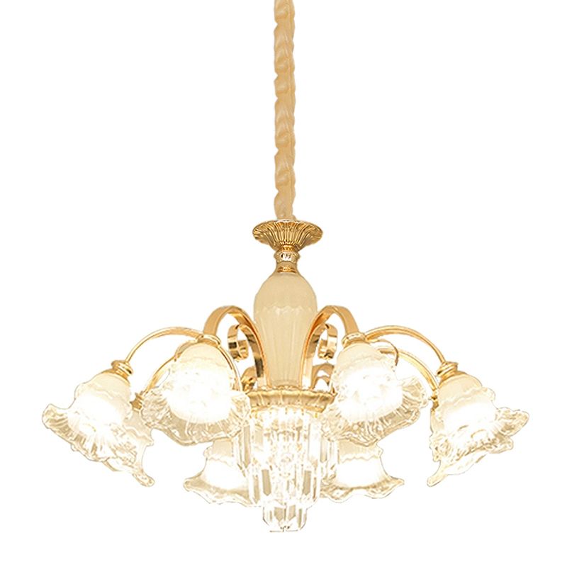 Gold 8 Lights Ceiling Pendant Modern Clear and Frosted Glass Flower Chandelier with Crystal Accent