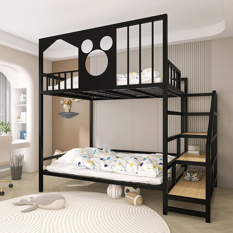 Metal Loft Bed White/Black Kids Bed with Stairway and Guardrail