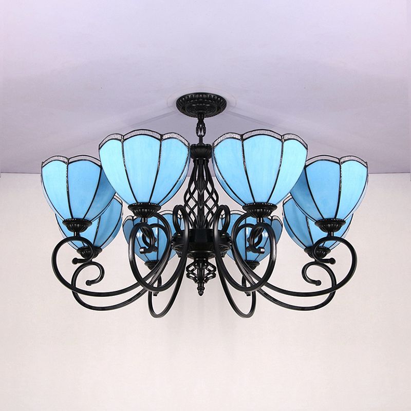 Blue Scalloped Hanging Light with Curved Arm Loft Style 8 Lights Stained Glass Chandelier in Blue