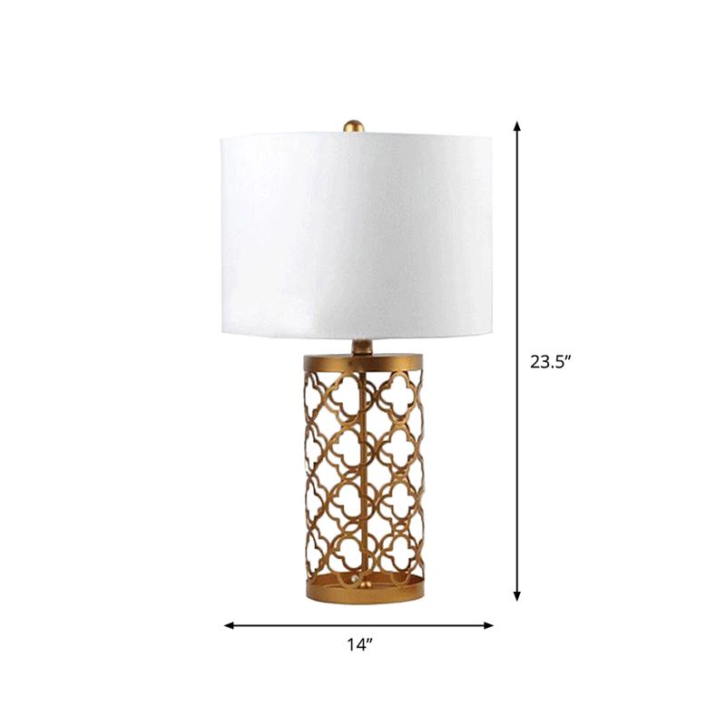 Minimalistic Quatrefoil Night Stand Light Metal 1 Head Bedroom Table Lamp with Cylinder Shade in White, 14"/15" W