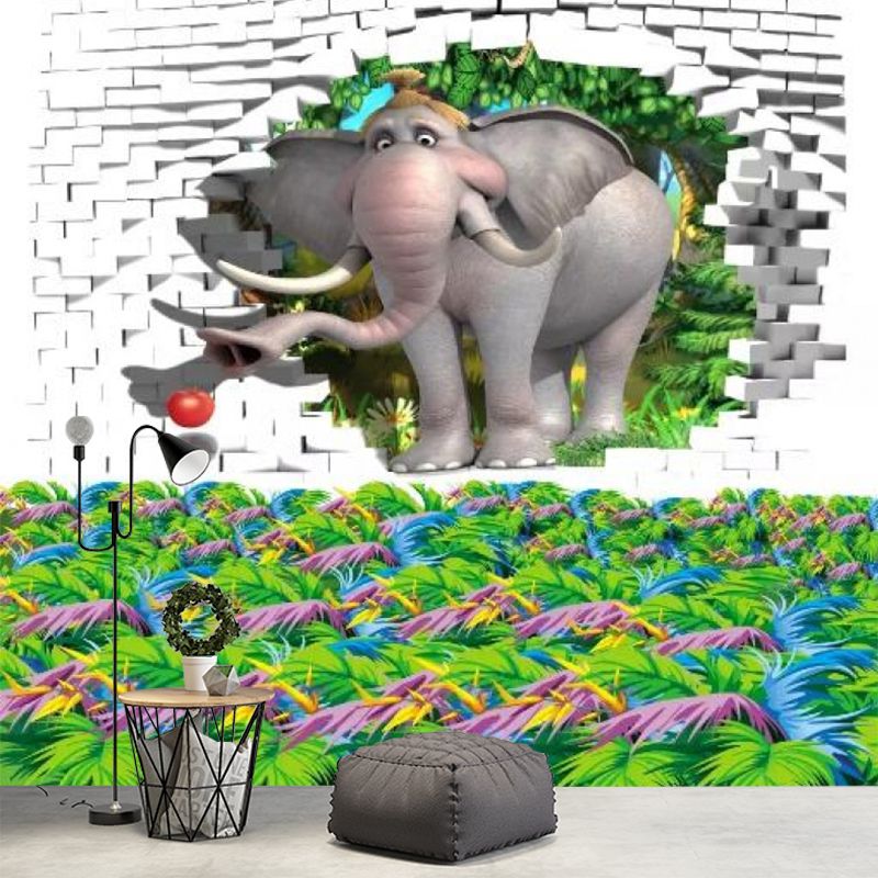 Customized Illustration Cartoon Mural with Elephant in the Brick Hole Pattern in Grey and Green