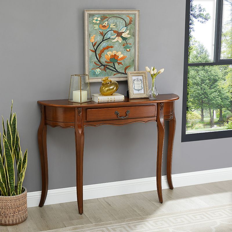 Brown Rubbered Wood Console Table Solid Wood Accent Table with Drawer for Hall