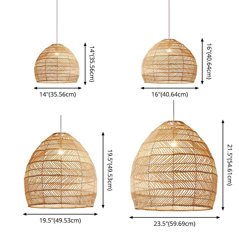 Soggiorno a ciondolo illuminazione cinese beige lampada sospesa con cupola allungata tonalità rattan