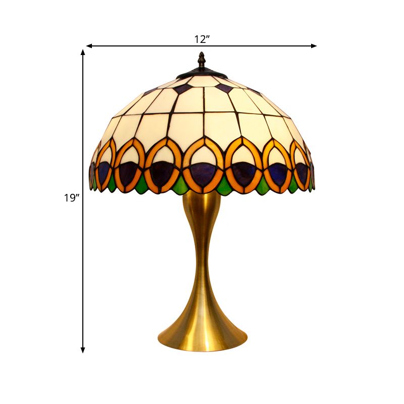 1-Light Nightstand Lighting Traditional Bowl Stained Art Glass Desk Lamp with Peacock Feather Pattern in Brass