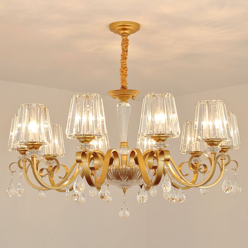 Tapered Beveled Crystal Hanging Light Kit Simplicity Gold Ceiling Chandelier with Scrolled Arm