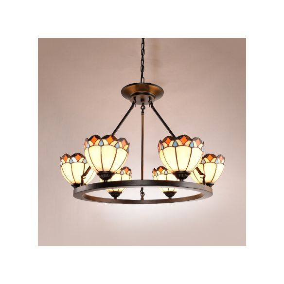 Tiffany Bowl Ceiling Pendant with Scalloped Edge 6 Lights Stained Glass Chandelier Light for Bedroom