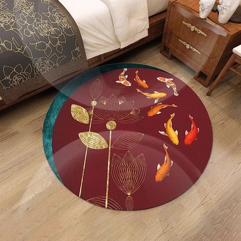 Round Red Tone Creative Area Carpet Polyester Animals Print Indoor Rug Anti-Slip Backing Carpet for Living Room