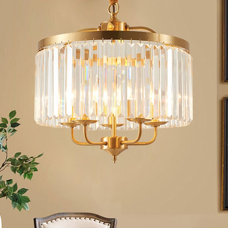 Crystal Cylinder Chandelier Lighting Modernist 4 Heads Hanging Pendant Light in Brass with Curved Metal Arm