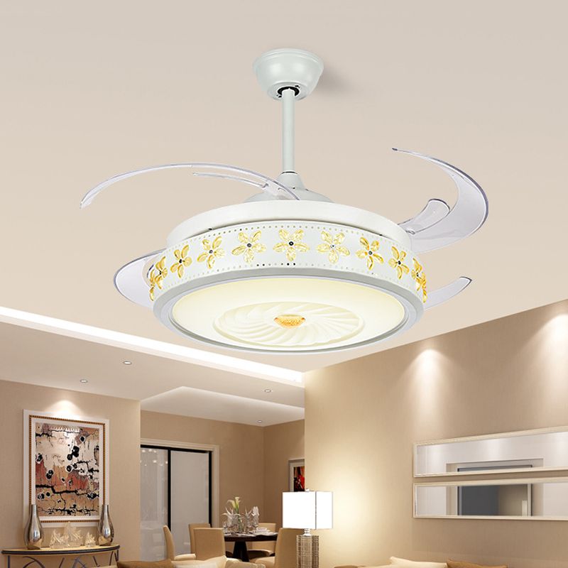 Metal White Fan Lamp Circle LED 42" Wide Modern Semi Flush Ceiling Light Fixture for Dining Room, 4 Clear Blades