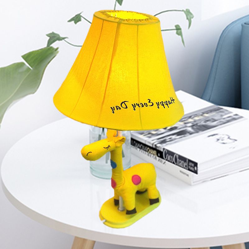 Flared Script-Print Fabric Table Lighting Kids Single-Bulb Yellow/Blue/Pink Night Lamp with Giraffe Base