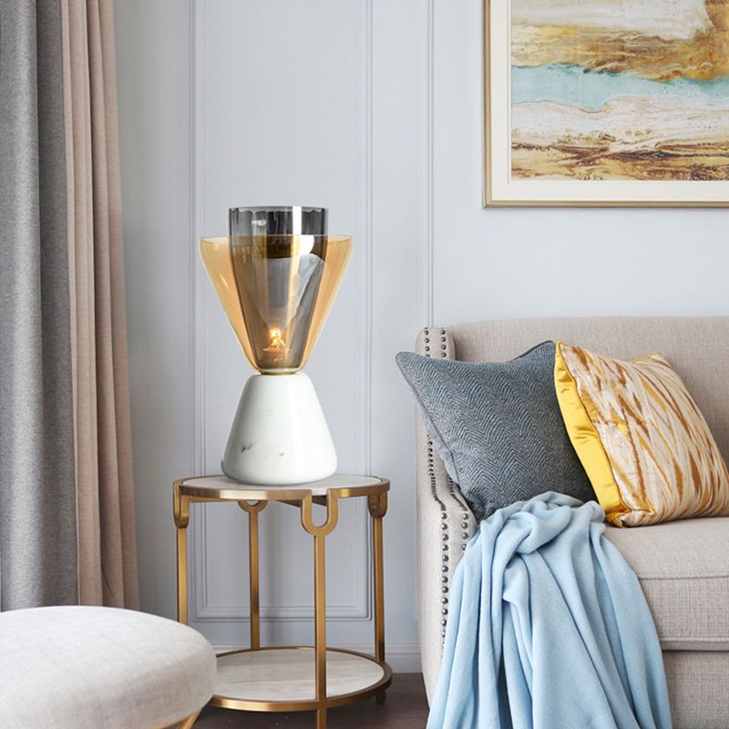 Inverted Double Conical Table Lamp Post-Modern Amber and Smoke Grey Glass Single Living Room Night Light in White