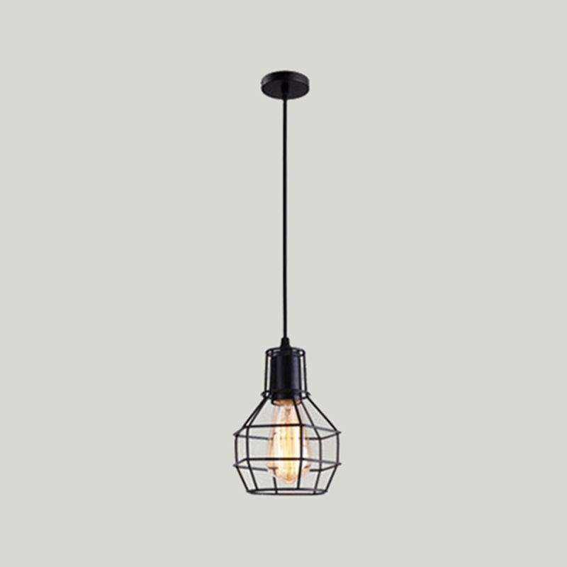 Cage Shade Pendant Lamp Industrial Black Finish Iron Hanging Light for Dining Room