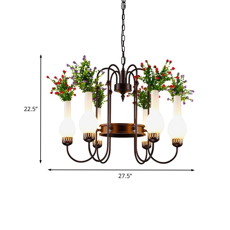 Loft Vase Chandelier Light Fixture 6 Heads Opal Glass Pendant Lamp in Black with Artificial Plant