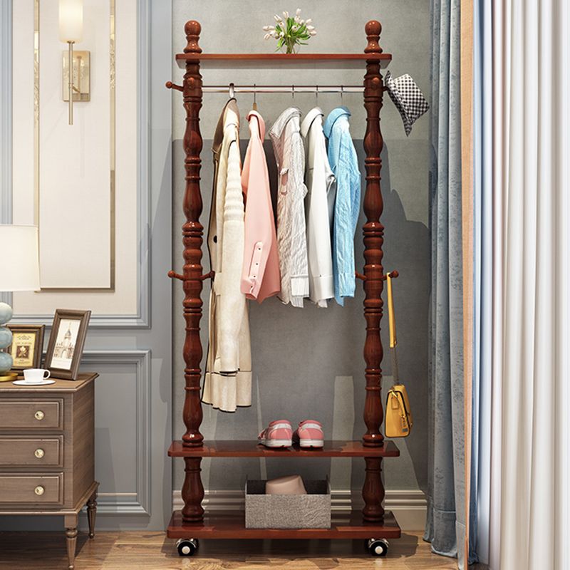 Traditional Solid Wood Coat Hanger Free Standing Coat Rack with Storage Shelving