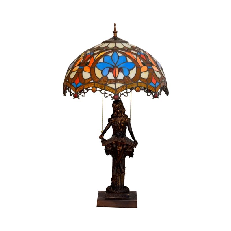 2-Light Reading Girl Table Light Tiffany Bronze Resin Pull Chain Night Lamp with Bird Blue-Brown/Net Yellow-White Glass Shade