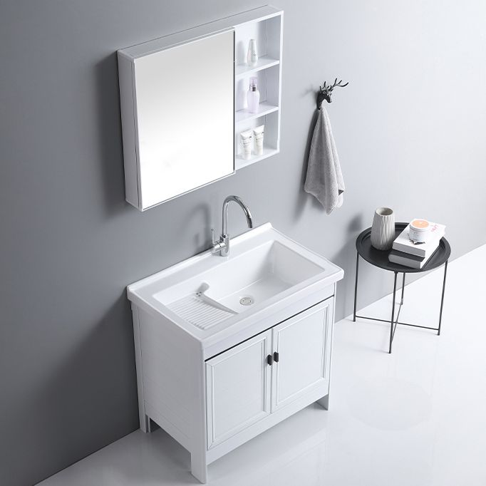 Rectangular White Vanity Freestanding Mirror Metal Frame Vanity with Soft Close Doors