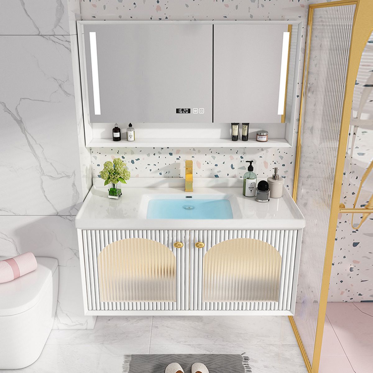 Wall Mount Bath Vanity Wood Frame Soft Close Door Single Sink White Vanity with Mirror