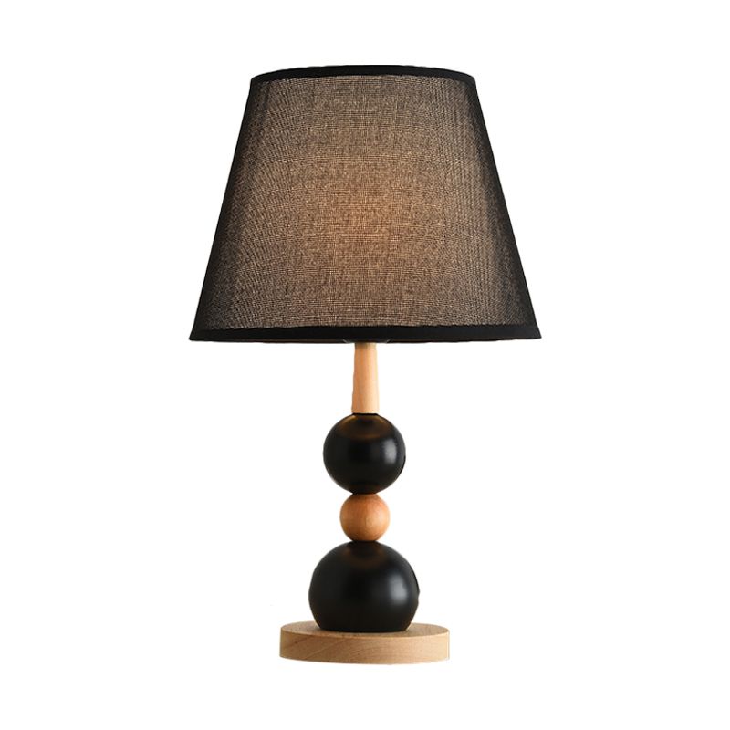 Modern Cone Desk Light Fabric 1-Head Study Room Table Lamp with Round Wooden Base in Black/White