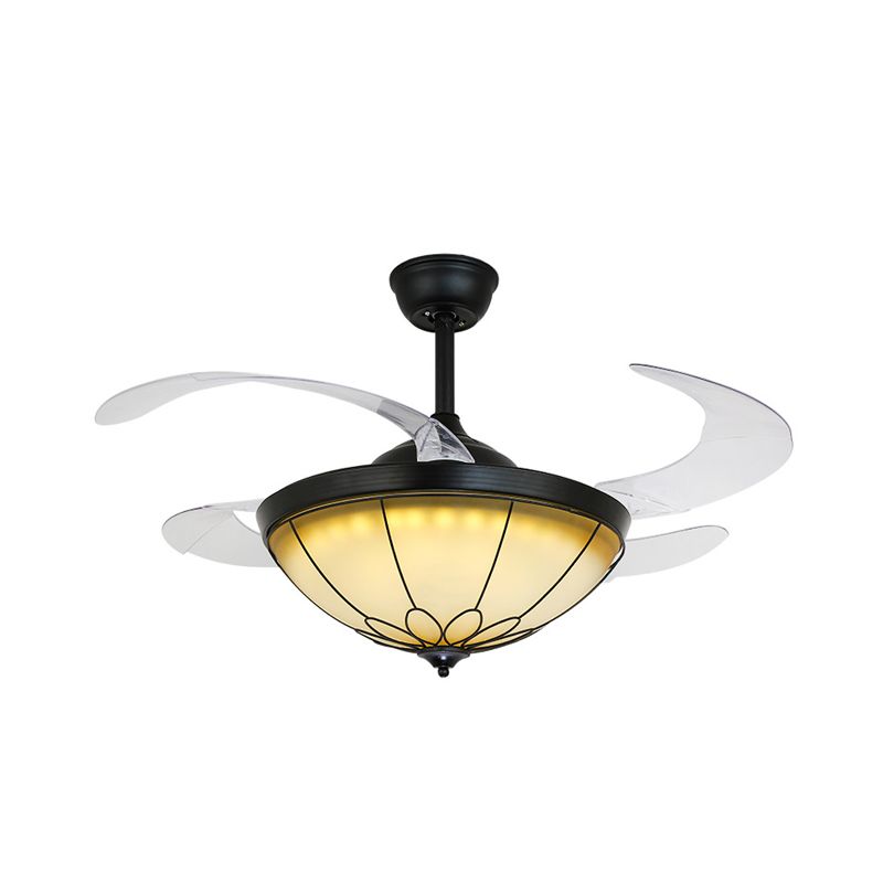 42" W LED Dome Semi Flush Mount Lamp Traditional Black Opal Glass 4 Blades Ceiling Fan Light for Dining Room, Wall/Remote Control