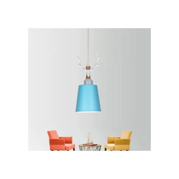 Macaron Style Bucket Hanging Light with Antlers 1 Light Metal Pendant Light for Balcony Foyer