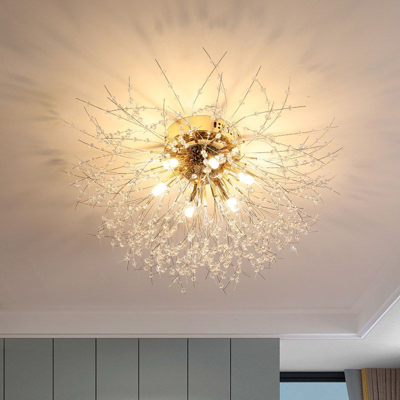 23.5"/27.5" W Radial Crystal Flush Mount Lamp Contemporary 6/8 Lights Bedroom Ceiling Mounted Fixture in Silver/Gold, Warm Light