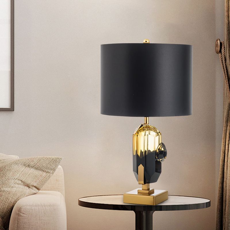 Straight Sided Shade Desk Light Modern Fabric 1 Bulb Night Table Lamp in Black with Oblong Amber Glazed Crystal Base