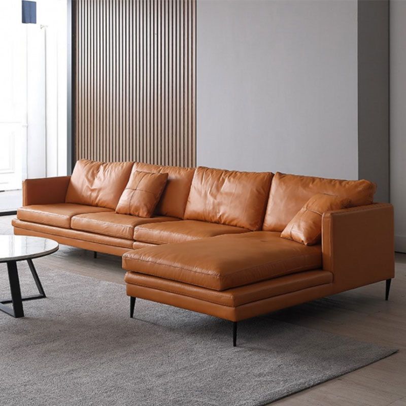 Ornate Leather Upholstery Orange Sofa with Pillow and Square Armrest Back Sectional