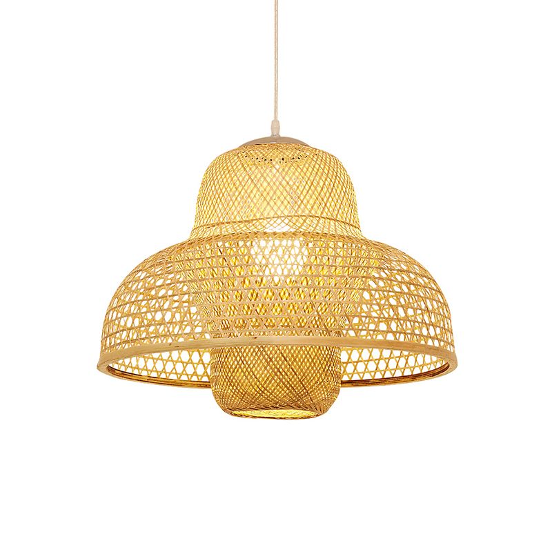 Rattan Hot Pot-Shaped Suspension Lighting Minimalist 1 Head Wood Pendant Ceiling Light