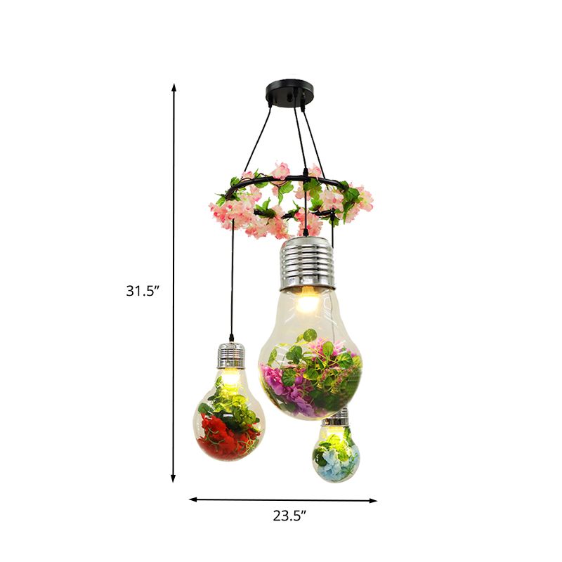 Clear Glass Bulb Cluster Pendant Industrial 3 Lights Restaurant LED Ceiling Lamp in Black with Flower Decoration