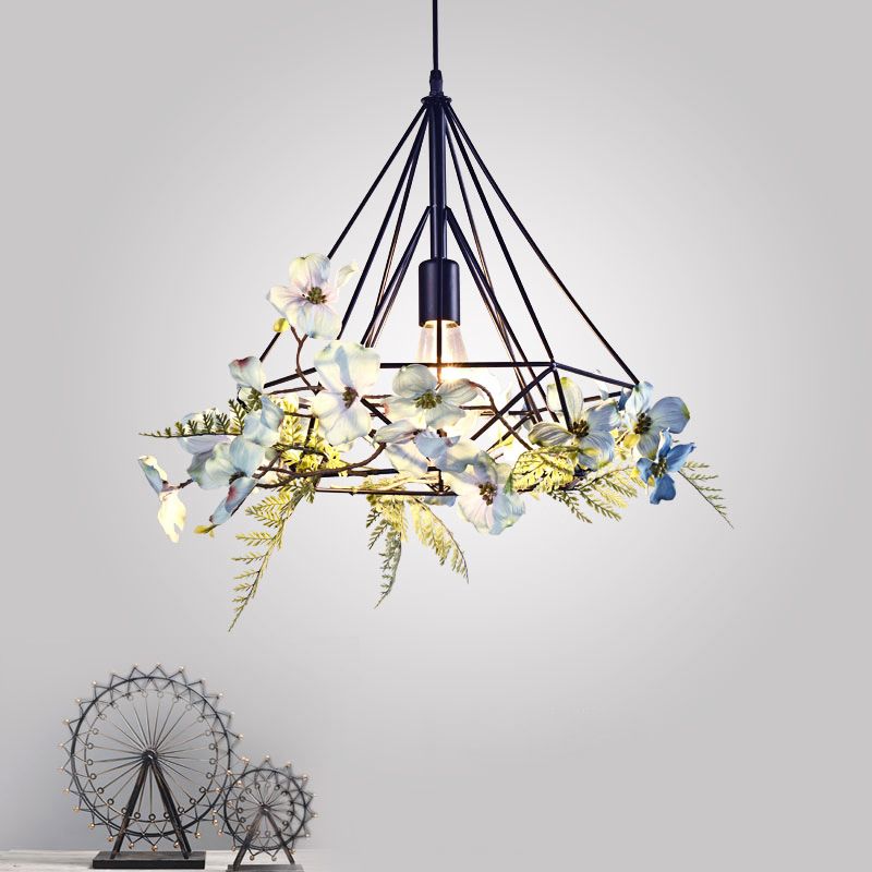 Lumière de suspension de diamant bleu-blanc rustique métallique 1 bulbe Restaurant pendentif luminaire avec fleur artificielle