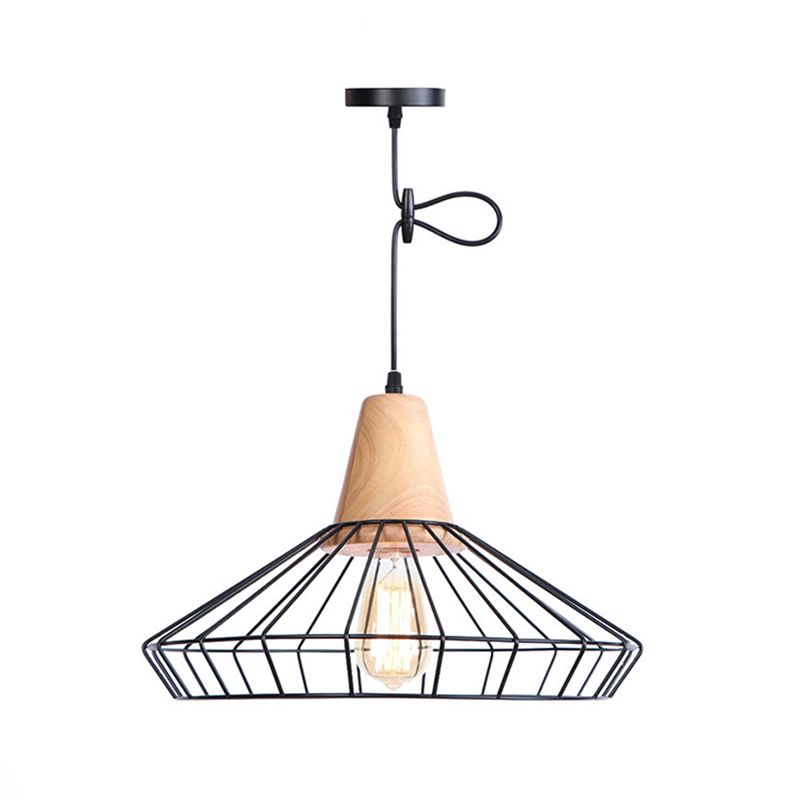 Black Iron Cage en bois Hanging Light Vintage Industrial Style Suspension Lampe pour le couloir de l'allée