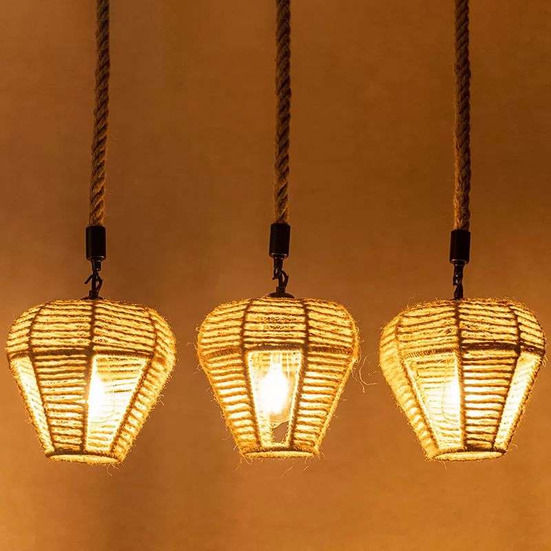 3/6-Light Inverted Droplet Multi Pendant Rustic Brown Hemp Rope Hanging Light Fixture with Round/Linear Canopy