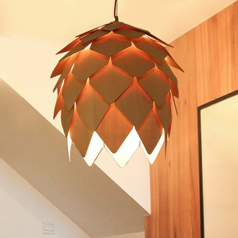 Artichoke Shaped Hanging Lamp Nordic Wooden 1 Head Restaurant Pendant Light Fixture