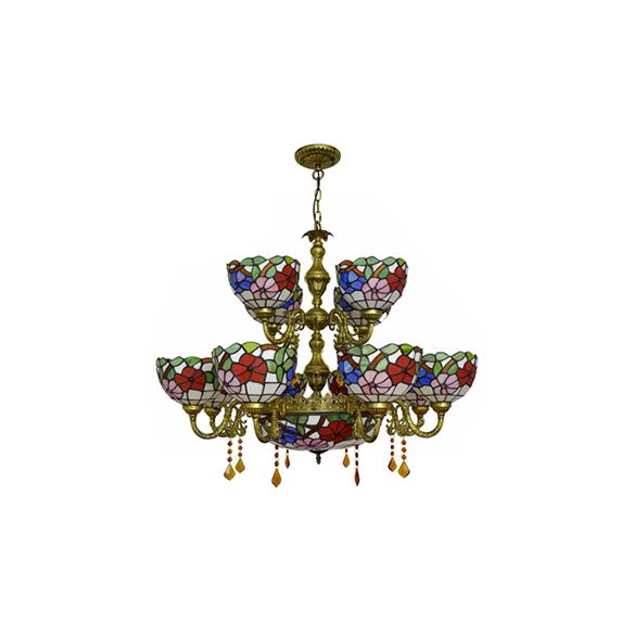 15 lumières Dome Shade suspendu Light Tiffany Treated Tanking Chandelier à deux niveaux avec motif de fleurs pour salle à manger