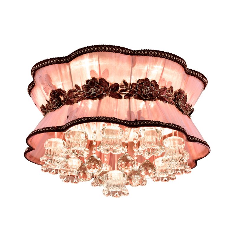 Pink Flower Flush Ceiling Light Modern Fabric LED Ceiling Mount Light with Crystal Deco for Hotel