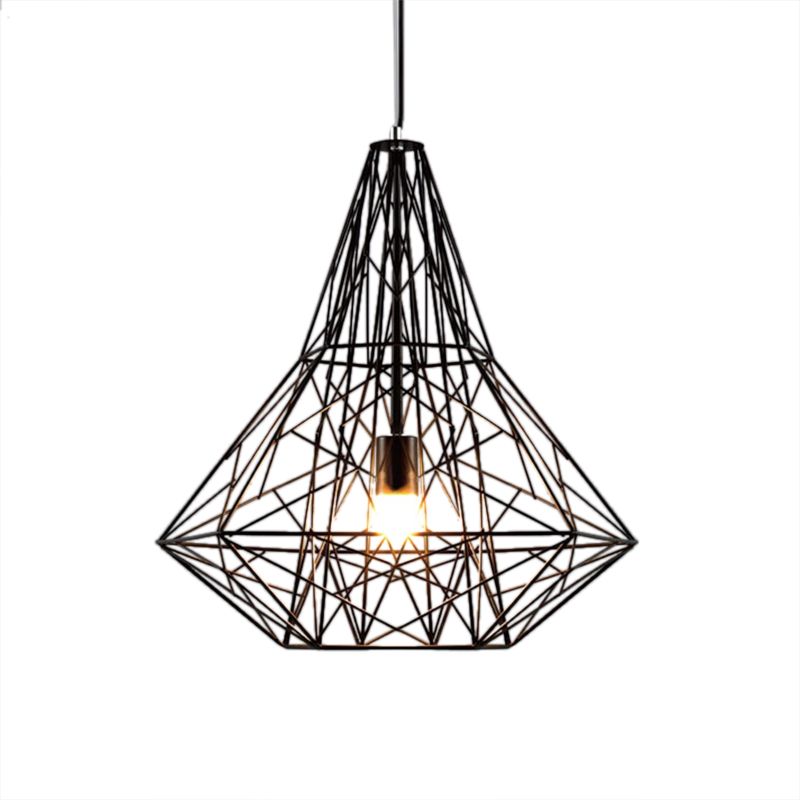 Industrial Cage Diamond Pendant Lighting 1 Head Metallic Hanging Lamp in Black/White for Dining Room, 16"/19.5" Dia