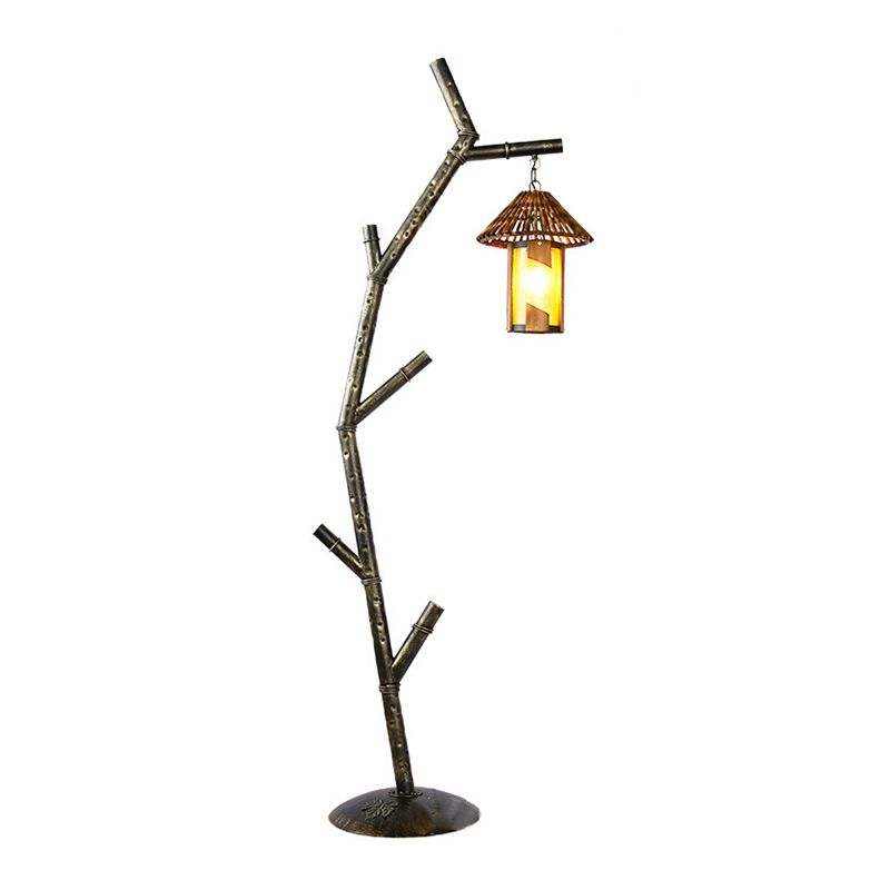 Black Tree Design Floor Lamp Rural Metallic 1-Bulb Coffee Shop Floor Light with Barrel Crystal Shade