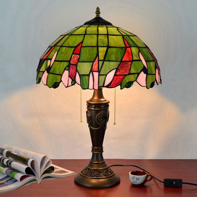 Bronze 2 Heads Table Lamp Tiffany Green Glass Leaf Patterned Bowl Nightstand Light with Pulling Chain